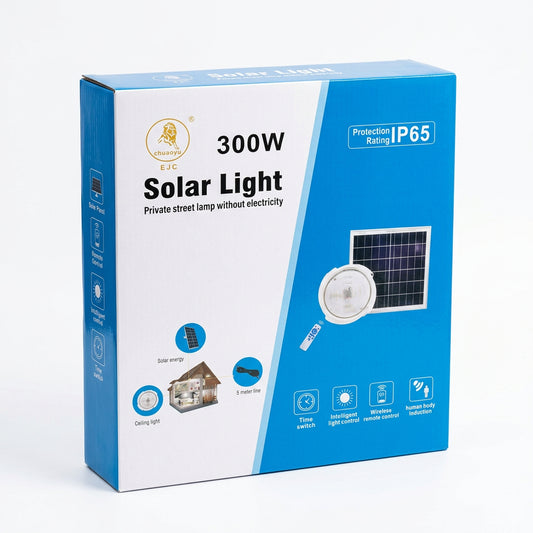 A 300W solar light box packaging, blue and white, held in a store aisle next to a person's legs and shoes.