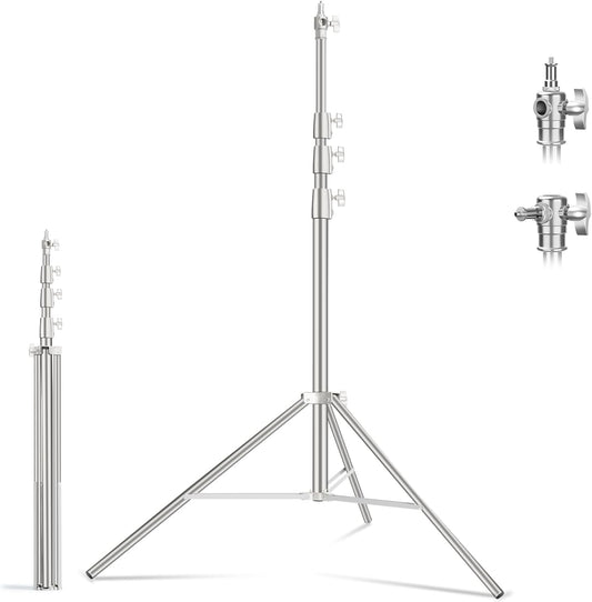 A silver metal light stand with a three-legged tripod base, shown in full height with an inset of the folded stand on the left and close-up detail shots of the mounting hardware on the right, all on a white background.