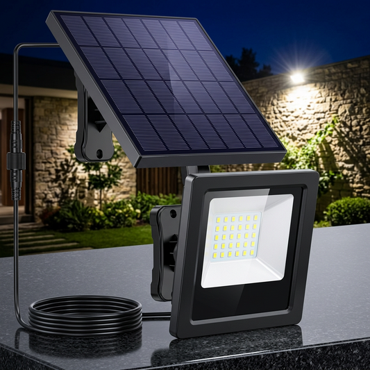 A solar-powered LED floodlight with an attached rectangular solar panel and power cable, shown on a plain white background.