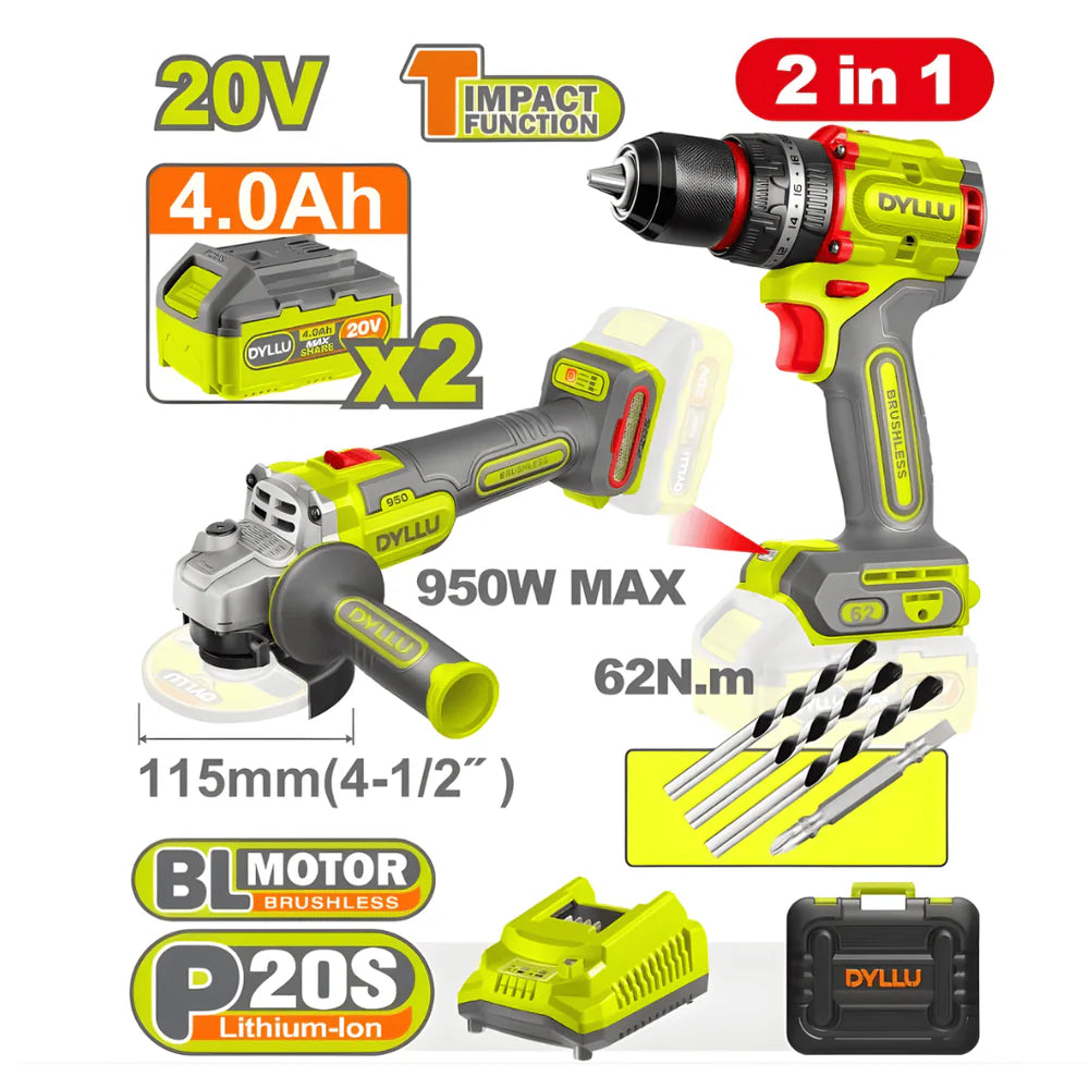 Dyllu cordless combo kit drill and grinder DTCK 20273